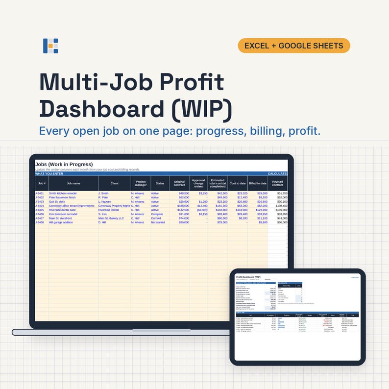 May include: A digital Multi-Job Profit Dashboard (WIP) template for Excel and Google Sheets. The display shows a spreadsheet with columns for job number, name, client, project manager, status, contract values, costs, and billing data on a screen.