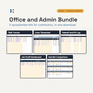Puede incluir: Office and Admin Bundle con 5 kits de hojas de c&aacute;lculo para contratistas compatibles con Excel y Google Sheets. Incluye plantillas de T&M Tracker, Crew Timesheet, Takeoff and PO Log, Job Profit Dashboard y Sub Bid Comparison con datos.