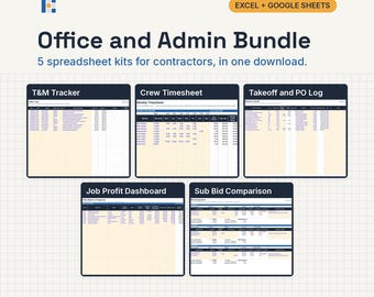 Contractor Office Spreadsheet Bundle, Excel and Google Sheets: Timesheet, Time and Materials, PO Log, WIP