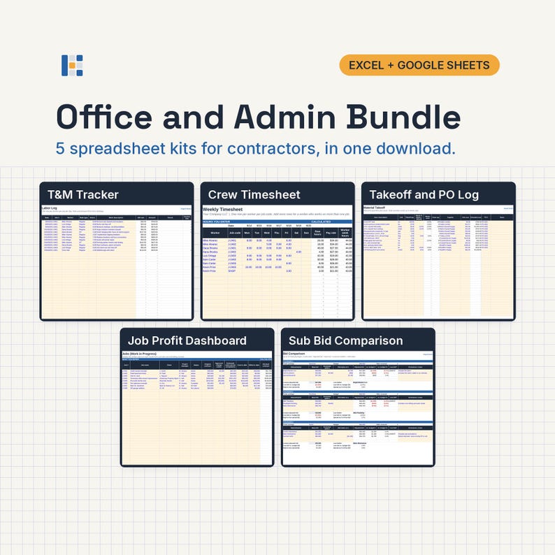 Puede incluir: Office and Admin Bundle con 5 kits de hojas de c&aacute;lculo para contratistas compatibles con Excel y Google Sheets. Incluye plantillas de T&M Tracker, Crew Timesheet, Takeoff and PO Log, Job Profit Dashboard y Sub Bid Comparison con datos.