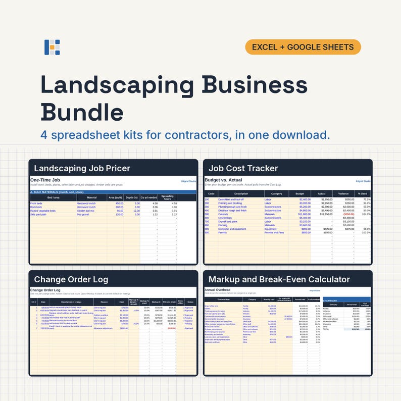 May include: A digital Landscaping Business Bundle featuring four spreadsheet kits for Excel and Google Sheets. The image displays previews of a Landscaping Job Pricer, Job Cost Tracker, Change Order Log, and a Markup and Break-Even Calculator.