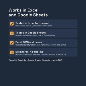 May include: A dark blue informational graphic titled Works in Excel and Google Sheets. It lists four features with orange checkmarks: Tested in Excel for the web, Tested in Google Sheets, Excel 2016 and newer, and No macros, no add-ins. Includes a PDF.