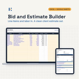 May include: A digital bid and estimate builder template for Excel and Google Sheets displayed on a laptop and tablet screen. The interface shows a line items table with categories, descriptions, quantities, unit costs, and line costs for construction.