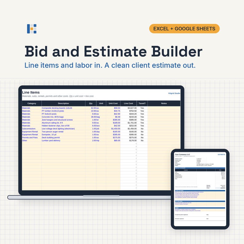 May include: A digital bid and estimate builder template for Excel and Google Sheets displayed on a laptop and tablet screen. The interface shows a line items table with categories, descriptions, quantities, unit costs, and line costs for construction.