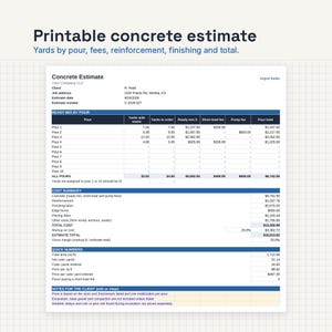 May include: A printable concrete estimate document featuring sections for ready-mix by pour, cost summary, and quick numbers. The form includes columns for yards, fees, and totals, with text headers like Concrete Estimate and Kitgrid Studio visible.