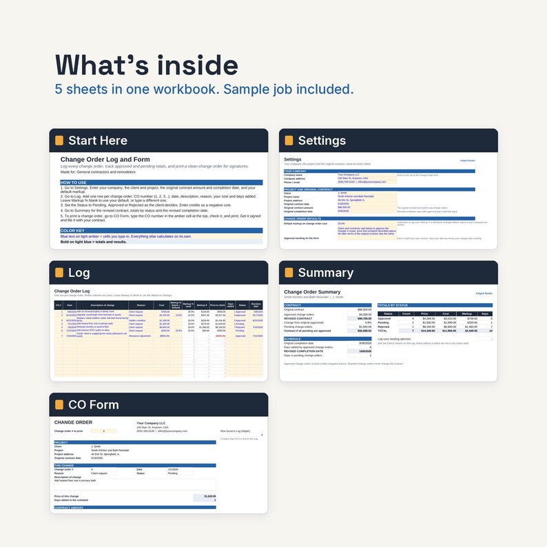 May include: A digital workbook containing five sheets titled What's inside, Start Here, Settings, Log, Summary, and CO Form. The sheets feature tables, text instructions, and data fields for tracking change orders, project costs, and contract summaries.