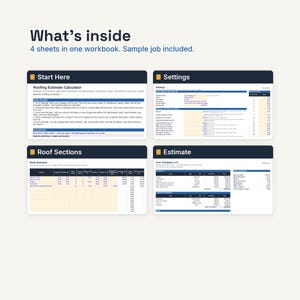 Puede incluir: Un libro de trabajo digital de estimaci&oacute;n de techos que contiene cuatro hojas tituladas Start Here, Settings, Roof Sections y Estimate. El documento incluye texto instructivo, tablas de datos y campos de entrada para que los techadores calculen costos.