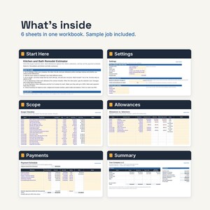 May include: A digital workbook for kitchen and bath remodeling featuring six distinct sheets: Start Here, Settings, Scope, Allowances, Payments, and Summary. The layout includes tables for cost estimation, payment schedules, and project tracking with text.