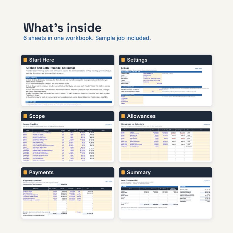 May include: A digital workbook for kitchen and bath remodeling featuring six distinct sheets: Start Here, Settings, Scope, Allowances, Payments, and Summary. The layout includes tables for cost estimation, payment schedules, and project tracking with text.