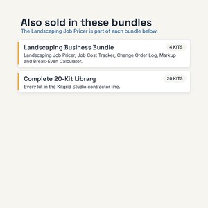 May include: A digital information graphic titled Also sold in these bundles, listing the Landscaping Business Bundle with 4 kits and the Complete 20-Kit Library with 20 kits. The text details the Landscaping Job Pricer and Kitgrid Studio line.