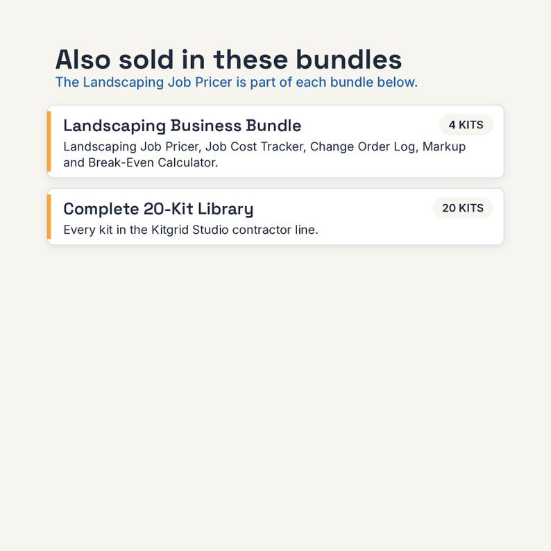 May include: A digital information graphic titled Also sold in these bundles, listing the Landscaping Business Bundle with 4 kits and the Complete 20-Kit Library with 20 kits. The text details the Landscaping Job Pricer and Kitgrid Studio line.