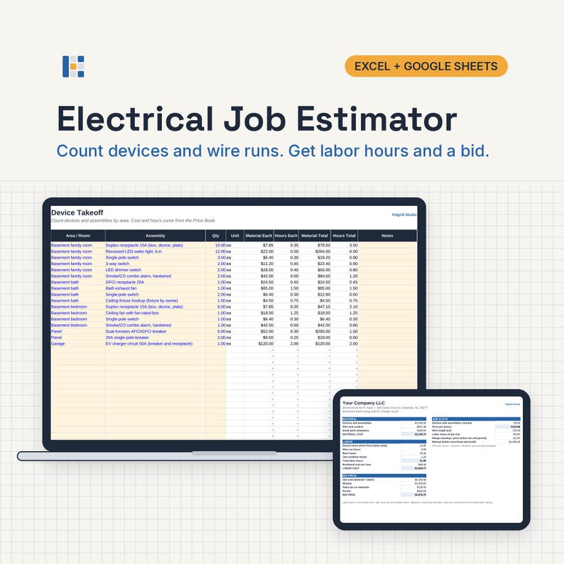 May include: A digital spreadsheet template titled Electrical Job Estimator for Excel and Google Sheets. The interface displays a Device Takeoff table with columns for area, assembly, quantity, unit, material cost, and labor hours for electrical work.