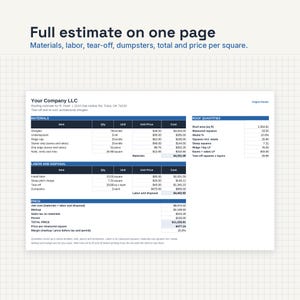Puede incluir: Un documento de presupuesto de techado titulado Full estimate on one page, con secciones para materiales, mano de obra, eliminaci&oacute;n y precio. La tabla incluye columnas para art&iacute;culo, cantidad, unidad, precio unitario y costo total.