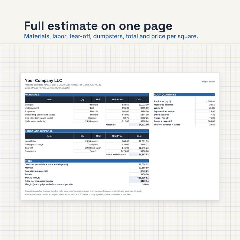 Puede incluir: Un documento de presupuesto de techado titulado Full estimate on one page, con secciones para materiales, mano de obra, eliminaci&oacute;n y precio. La tabla incluye columnas para art&iacute;culo, cantidad, unidad, precio unitario y costo total.