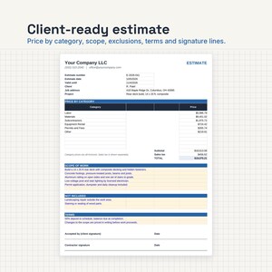 May include: A white document titled Client-ready estimate with blue headers. It includes sections for Price by category, Scope of work, Not included, and Terms. The form displays fields for company details, estimate number E-2026-041, and a total of $19,070.21.