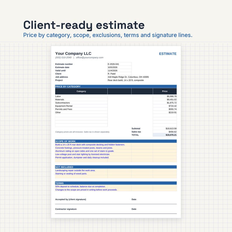May include: A white document titled Client-ready estimate with blue headers. It includes sections for Price by category, Scope of work, Not included, and Terms. The form displays fields for company details, estimate number E-2026-041, and a total of $19,070.21.