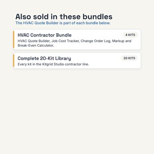 May include: A digital information graphic titled Also sold in these bundles. It lists the HVAC Contractor Bundle with 4 kits and the Complete 20-Kit Library with 20 kits, detailing the contents of each including the HVAC Quote Builder.