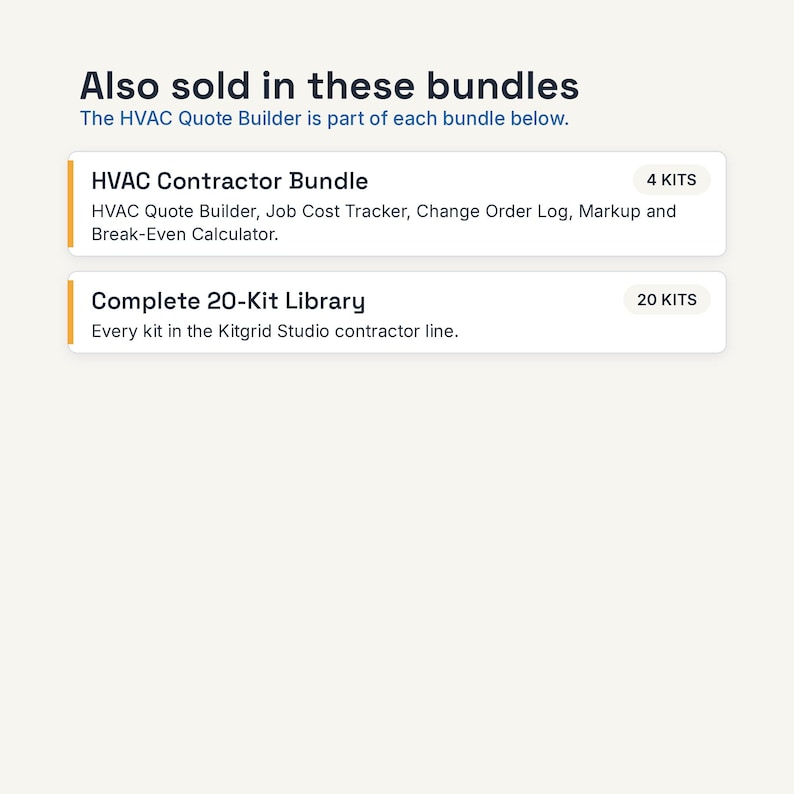 May include: A digital information graphic titled Also sold in these bundles. It lists the HVAC Contractor Bundle with 4 kits and the Complete 20-Kit Library with 20 kits, detailing the contents of each including the HVAC Quote Builder.