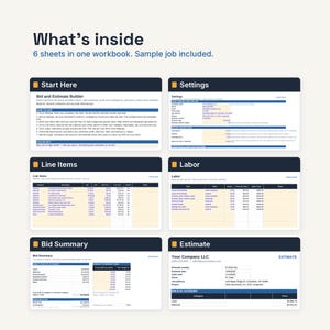 May include: A digital workbook containing six sheets for construction bid and estimate management. The layout includes sections titled Start Here, Settings, Line Items, Labor, Bid Summary, and Estimate, featuring tables for cost tracking and project data.