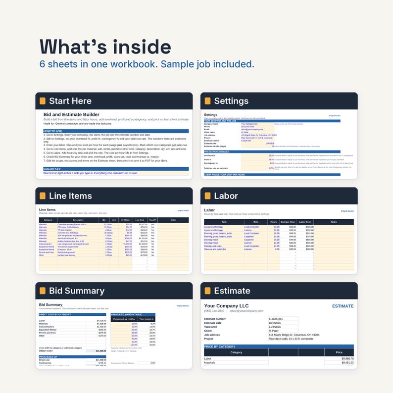 May include: A digital workbook containing six sheets for construction bid and estimate management. The layout includes sections titled Start Here, Settings, Line Items, Labor, Bid Summary, and Estimate, featuring tables for cost tracking and project data.