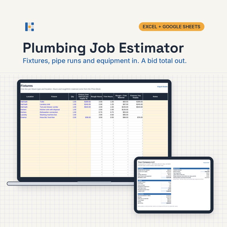 May include: A digital Plumbing Job Estimator spreadsheet template for Excel and Google Sheets displayed on a laptop and tablet screen. The interface shows columns for fixture location, quantity, costs, and hours, with a summary bid total view.