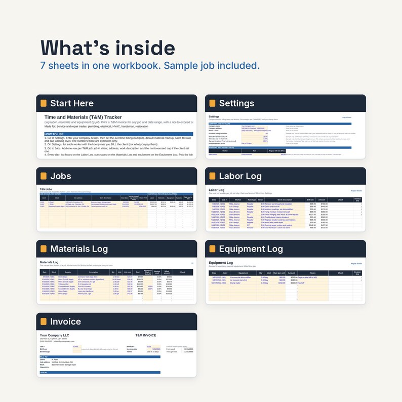 May include: A digital workbook containing seven sheets for tracking time and materials. The layout includes sections titled Start Here, Settings, Jobs, Labor Log, Materials Log, Equipment Log, and Invoice, featuring tables with columns for data entry.