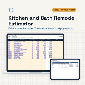 May include: A digital Kitchen and Bath Remodel Estimator spreadsheet template for Excel and Google Sheets. The display shows a Scope Checklist with columns for room, item, quantity, unit price, and line price, alongside a summary dashboard.