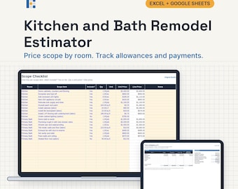 Kitchen and Bath Remodel Estimate Template, Excel and Google Sheets: Allowances, Scope, Payment Schedule
