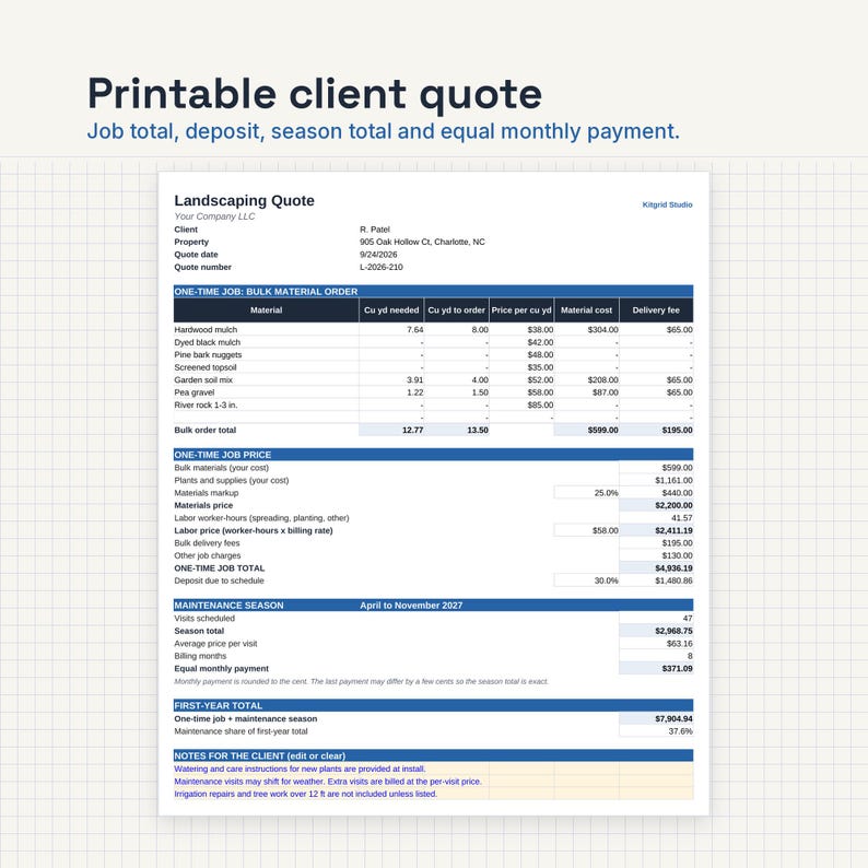May include: A printable landscaping quote document featuring sections for bulk material orders, one-time job pricing, maintenance season details, and first-year totals. The form includes columns for material, quantity, unit price, and cost calculations.