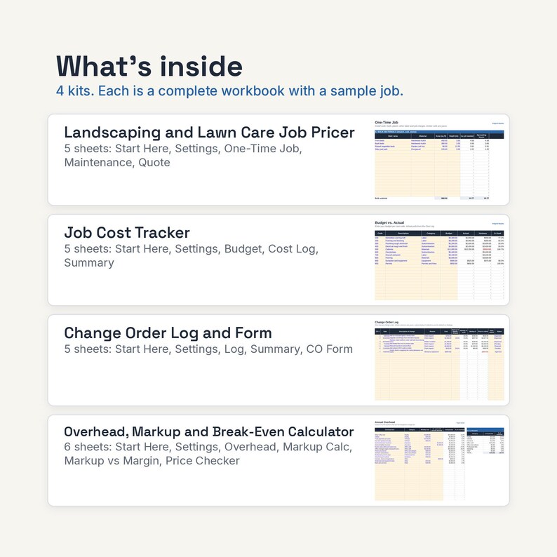 May include: A digital workbook set containing four kits: Landscaping and Lawn Care Job Pricer, Job Cost Tracker, Change Order Log and Form, and Overhead, Markup and Break-Even Calculator. Each kit includes multiple sheets for tracking business data.