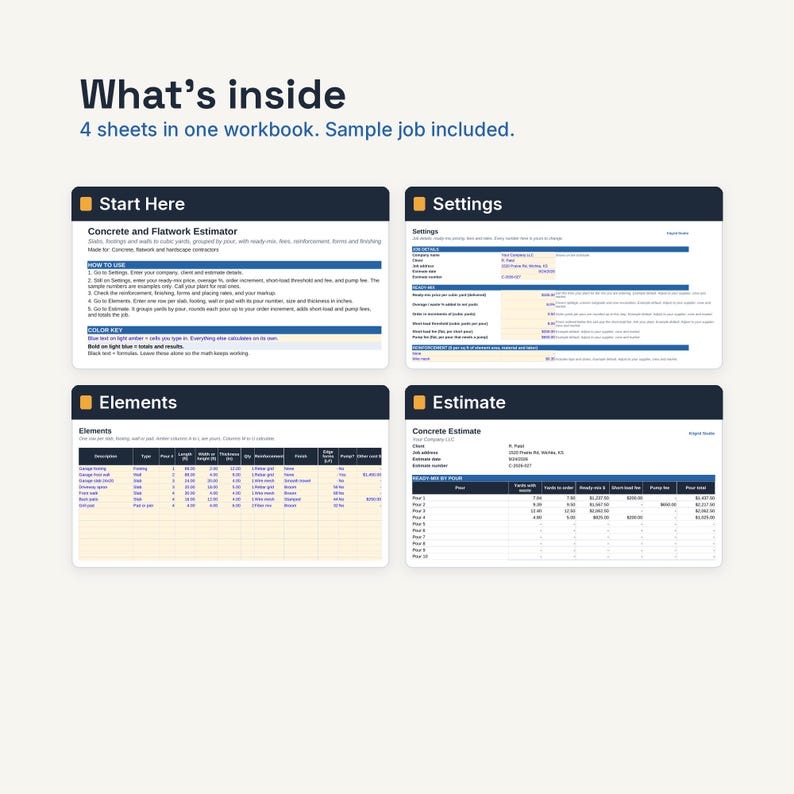 May include: A digital workbook containing four sheets for a Concrete and Flatwork Estimator. The layout includes sections titled Start Here, Settings, Elements, and Estimate, featuring tables for job details, material costs, and calculations.