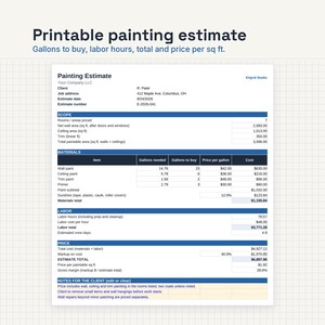 Puede incluir: Un documento de presupuesto de pintura imprimible con secciones para alcance, materiales, mano de obra y precio. El formulario incluye campos para detalles del cliente, direcci&oacute;n del trabajo y c&aacute;lculos espec&iacute;ficos de costos totales.