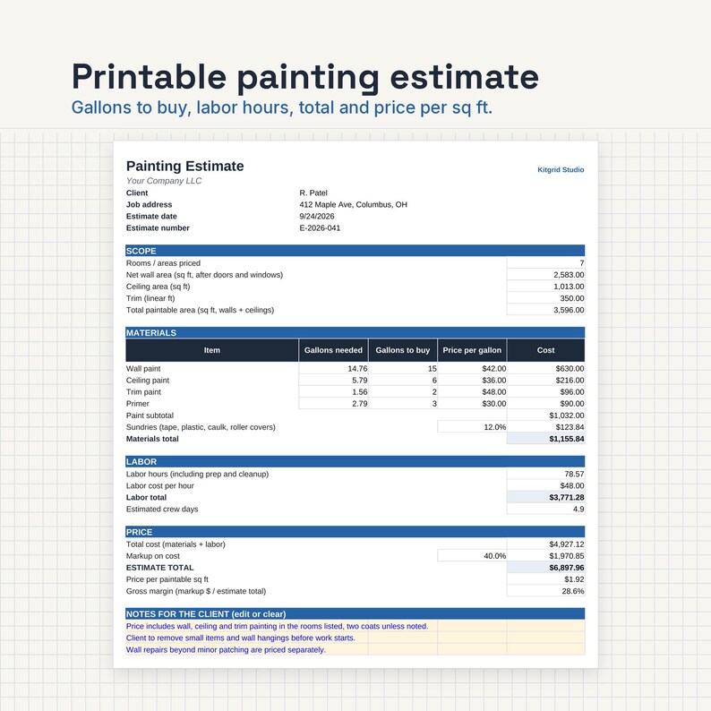 Puede incluir: Un documento de presupuesto de pintura imprimible con secciones para alcance, materiales, mano de obra y precio. El formulario incluye campos para detalles del cliente, direcci&oacute;n del trabajo y c&aacute;lculos espec&iacute;ficos de costos totales.