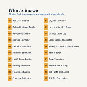 May include: A list titled What's inside with 20 kits, each a complete workbook with a sample job. The items are numbered 01 to 20 in orange boxes, including Job Cost Tracker, Bid and Estimate Builder, Remodel, Roofing, Electrical, Plumbing, HVAC, Painting, Flooring, Concrete, Drywall, Landscaping, Change Order, Labor Burden, Markup, T&M, Timesheet, Takeoff, Profit, and Sub Bid.