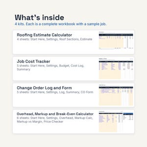 May include: A digital workbook set containing four kits: Roofing Estimate Calculator, Job Cost Tracker, Change Order Log and Form, and Overhead, Markup and Break-Even Calculator. Each kit includes multiple sheets for project management tasks.