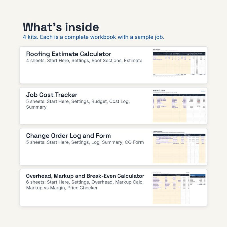 May include: A digital workbook set containing four kits: Roofing Estimate Calculator, Job Cost Tracker, Change Order Log and Form, and Overhead, Markup and Break-Even Calculator. Each kit includes multiple sheets for project management tasks.