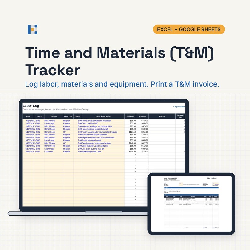 May include: A digital Time and Materials (T&M) Tracker spreadsheet for Excel and Google Sheets. The display shows a Labor Log with columns for date, job number, worker, rate type, hours, work description, bill rate, amount, check, and invoice.