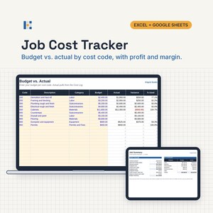 May include: A digital Job Cost Tracker spreadsheet template for Excel and Google Sheets. The display shows a Budget vs. Actual table with columns for code, description, category, budget, actual, variance, and percentage used, plus a Job Summary.