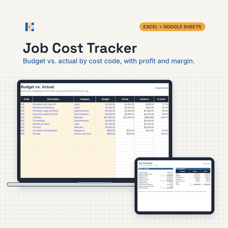 May include: A digital Job Cost Tracker spreadsheet template for Excel and Google Sheets. The display shows a Budget vs. Actual table with columns for code, description, category, budget, actual, variance, and percentage used, plus a Job Summary.