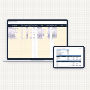 May include: A laptop and a tablet displaying a Material Takeoff spreadsheet and a Materials and PO Summary. The screens show columns for item descriptions, units, quantities, suppliers, unit costs, extended costs, and purchase order numbers.