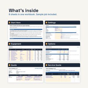 May include: A digital workbook containing six sheets for an HVAC install and service quote builder. The layout features sections titled Start Here, Settings, Equipment, Options, Quote, and Service Quote, displaying tables with financial data.