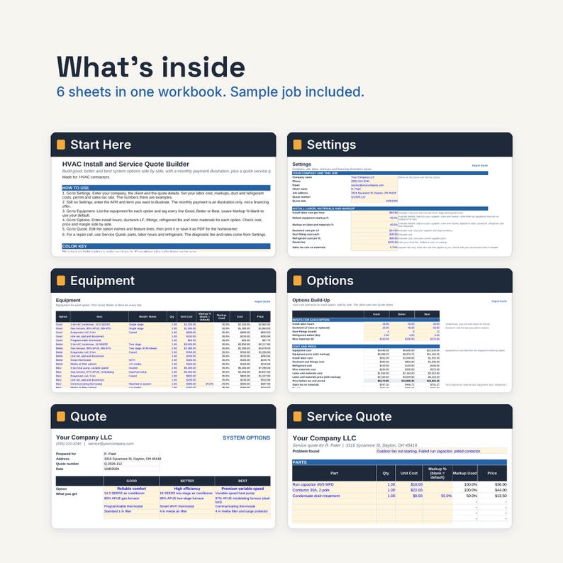May include: A digital workbook containing six sheets for an HVAC install and service quote builder. The layout features sections titled Start Here, Settings, Equipment, Options, Quote, and Service Quote, displaying tables with financial data.