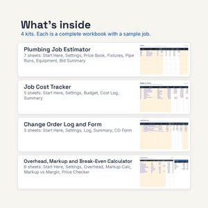 May include: A digital workbook set containing four kits: Plumbing Job Estimator with 7 sheets, Job Cost Tracker with 5 sheets, Change Order Log and Form with 5 sheets, and an Overhead, Markup and Break-Even Calculator with 6 sheets, each featuring sample job data.