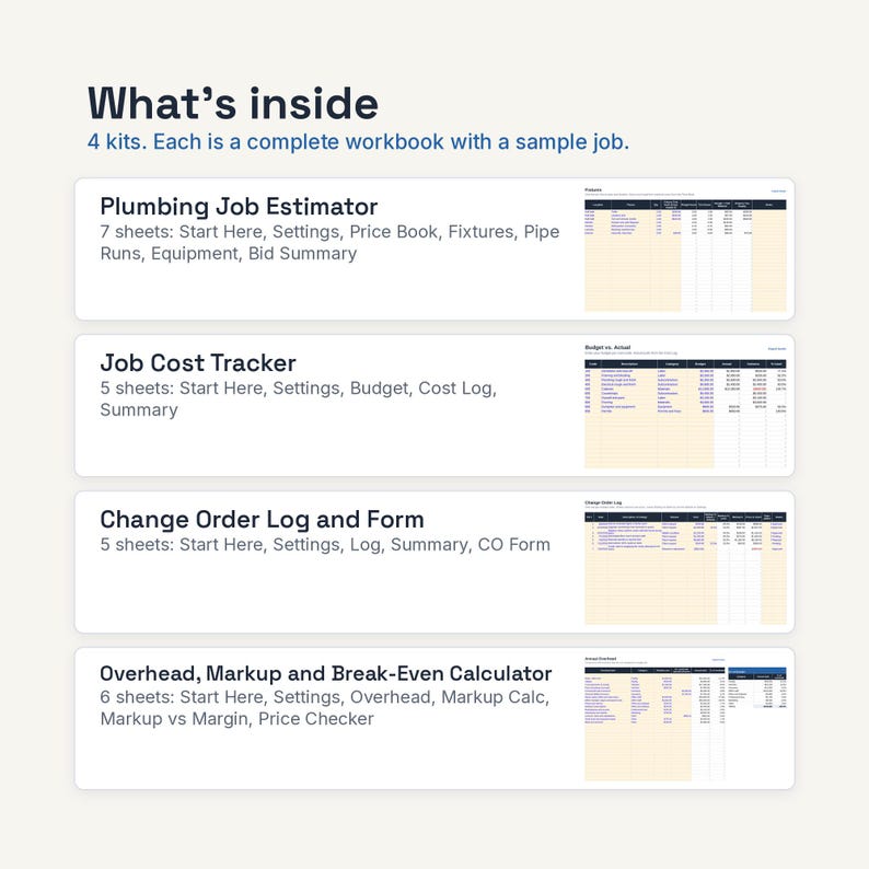 May include: A digital workbook set containing four kits: Plumbing Job Estimator with 7 sheets, Job Cost Tracker with 5 sheets, Change Order Log and Form with 5 sheets, and an Overhead, Markup and Break-Even Calculator with 6 sheets, each featuring sample job data.