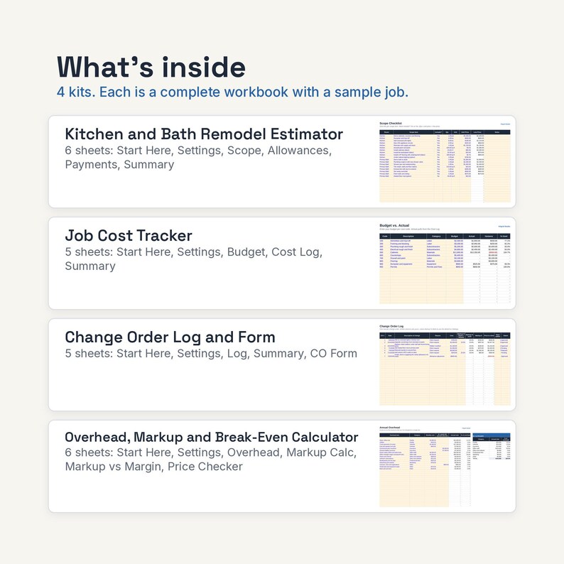 May include: A digital workbook set containing 4 kits: Kitchen and Bath Remodel Estimator, Job Cost Tracker, Change Order Log and Form, and Overhead, Markup and Break-Even Calculator. Each kit includes multiple sheets for project management.
