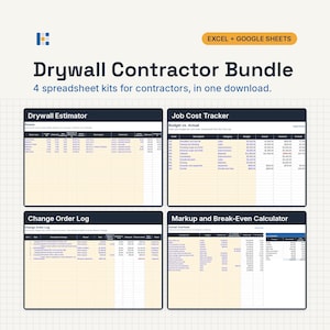 May include: A digital Drywall Contractor Bundle featuring four spreadsheet kits for Excel and Google Sheets. The image displays previews of a Drywall Estimator, Job Cost Tracker, Change Order Log, and a Markup and Break-Even Calculator.