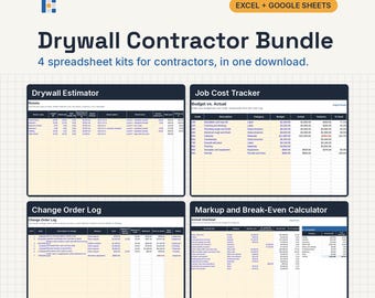 Drywall Contractor Bundle, Excel and Google Sheets: Drywall Estimate, Job Cost Tracker, Change Orders, Markup