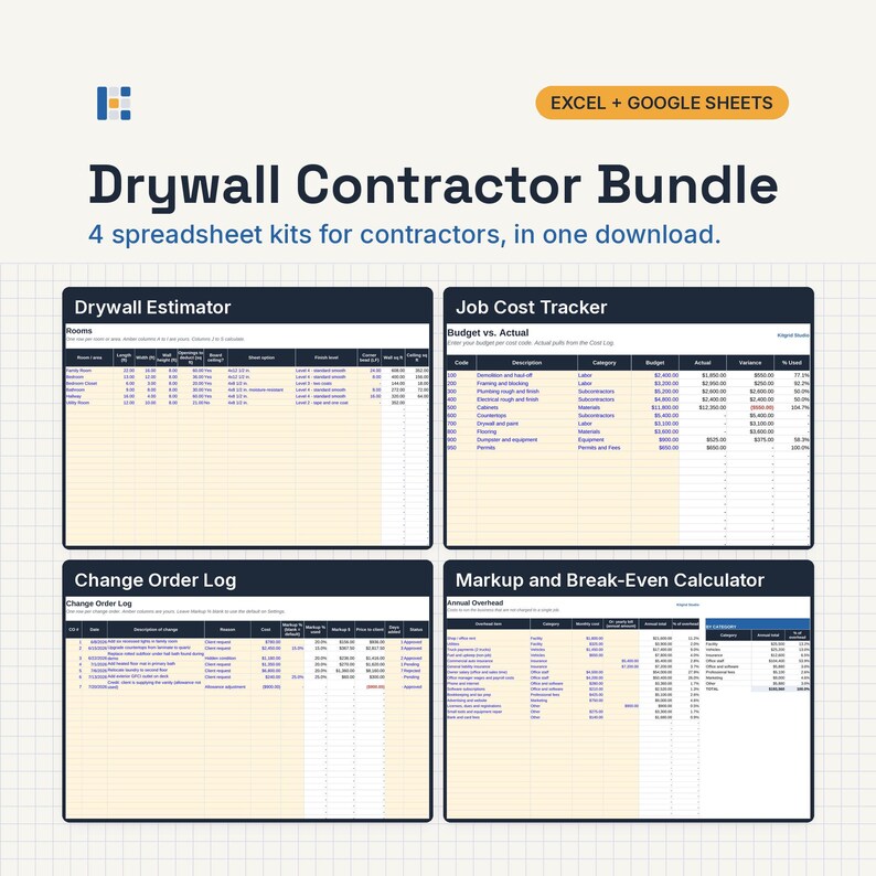 May include: A digital Drywall Contractor Bundle featuring four spreadsheet kits for Excel and Google Sheets. The image displays previews of a Drywall Estimator, Job Cost Tracker, Change Order Log, and a Markup and Break-Even Calculator.