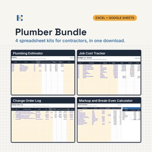 May include: A digital Plumber Bundle featuring four spreadsheet kits for contractors compatible with Excel and Google Sheets. The image displays a Plumbing Estimator, Job Cost Tracker, Change Order Log, and a Markup and Break-Even Calculator.
