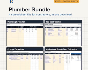 Plumber Bundle, Excel and Google Sheets: Plumbing Estimate, Job Cost Tracker, Change Orders, Markup